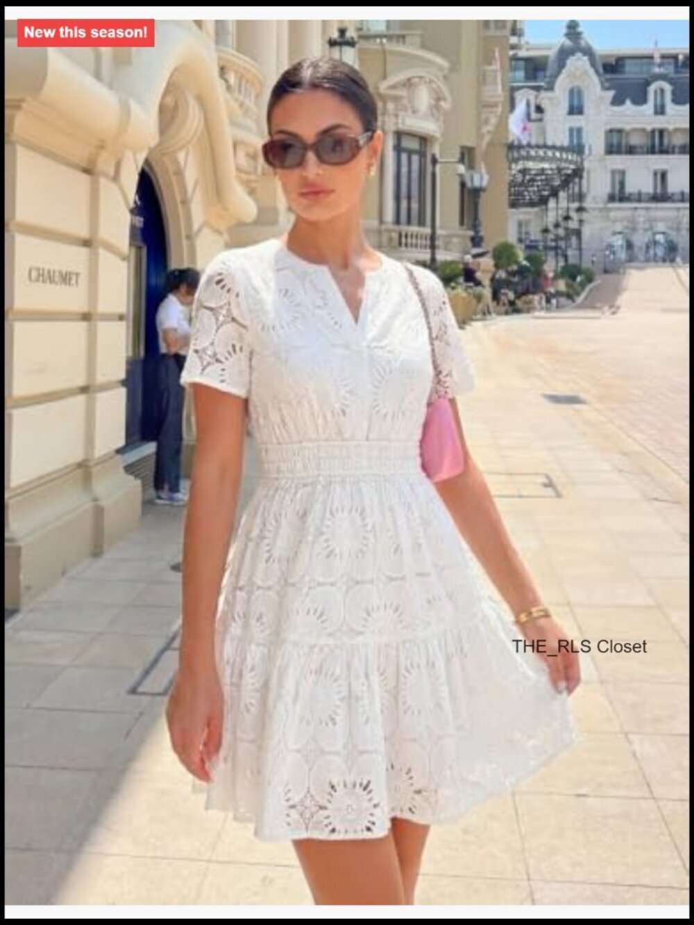 Women's Eyelet Lace Mini Dress V-Neck Puff Sleeve A-Line Short Summer Sundress - Picture 6 of 7